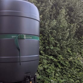 Rainwater collection tank in a sunny garden in Ireland